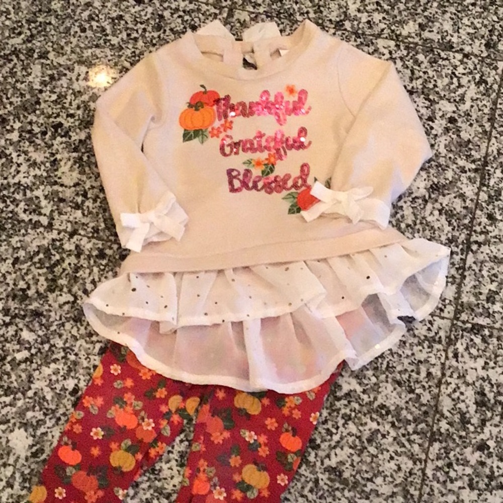 Kids Beige Pumpkin Ruffle Top and Pumpkin Leggings Set